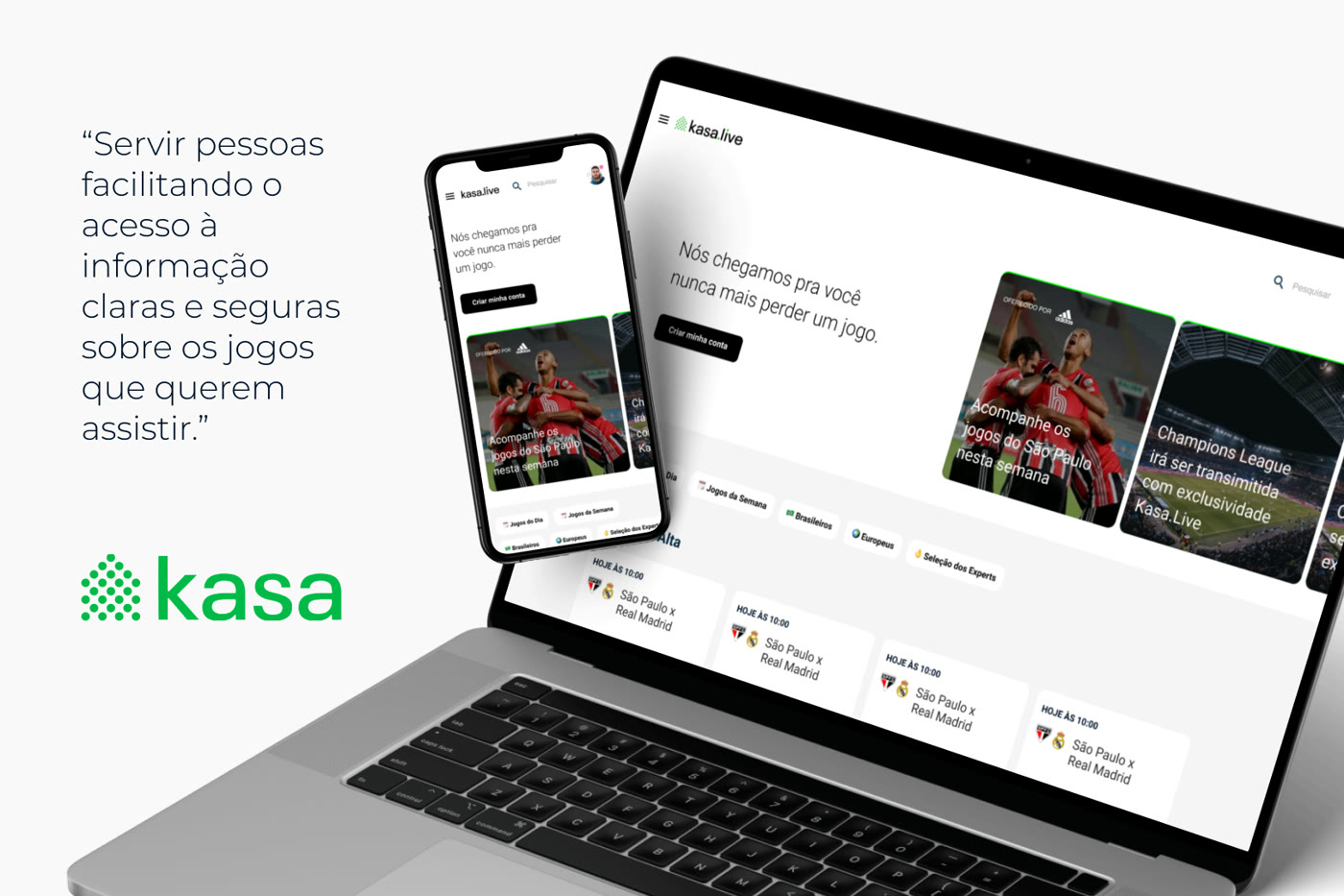 A kasa brand board carrying the line about serving people by easing access to clear and reliable information on the matches they want to watch, beside the site and the app open on a laptop and a phone