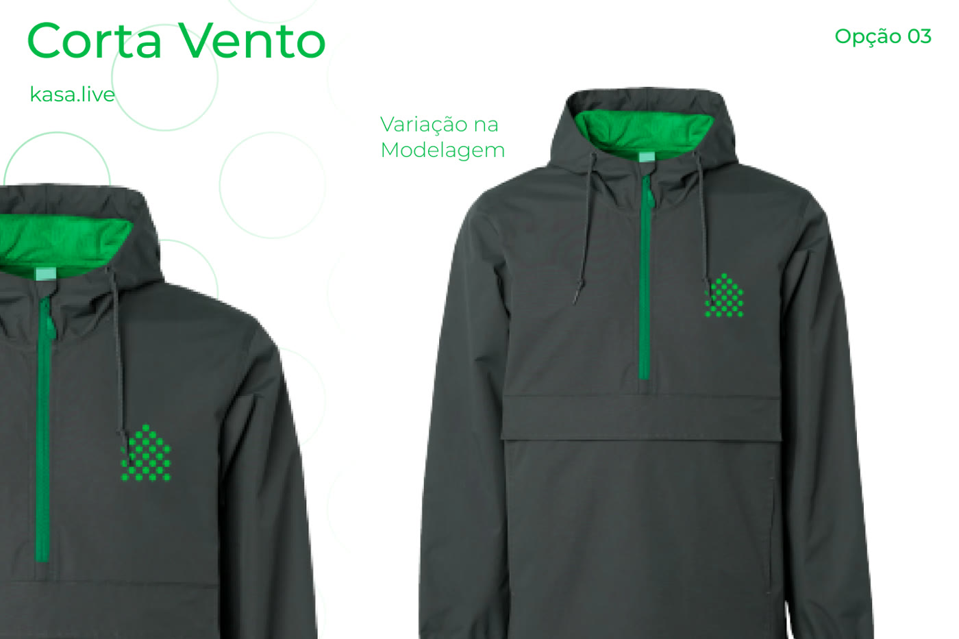 A kasa.live windbreaker board, two dark green pullover models with green lining and the brand's symbol embroidered on the chest